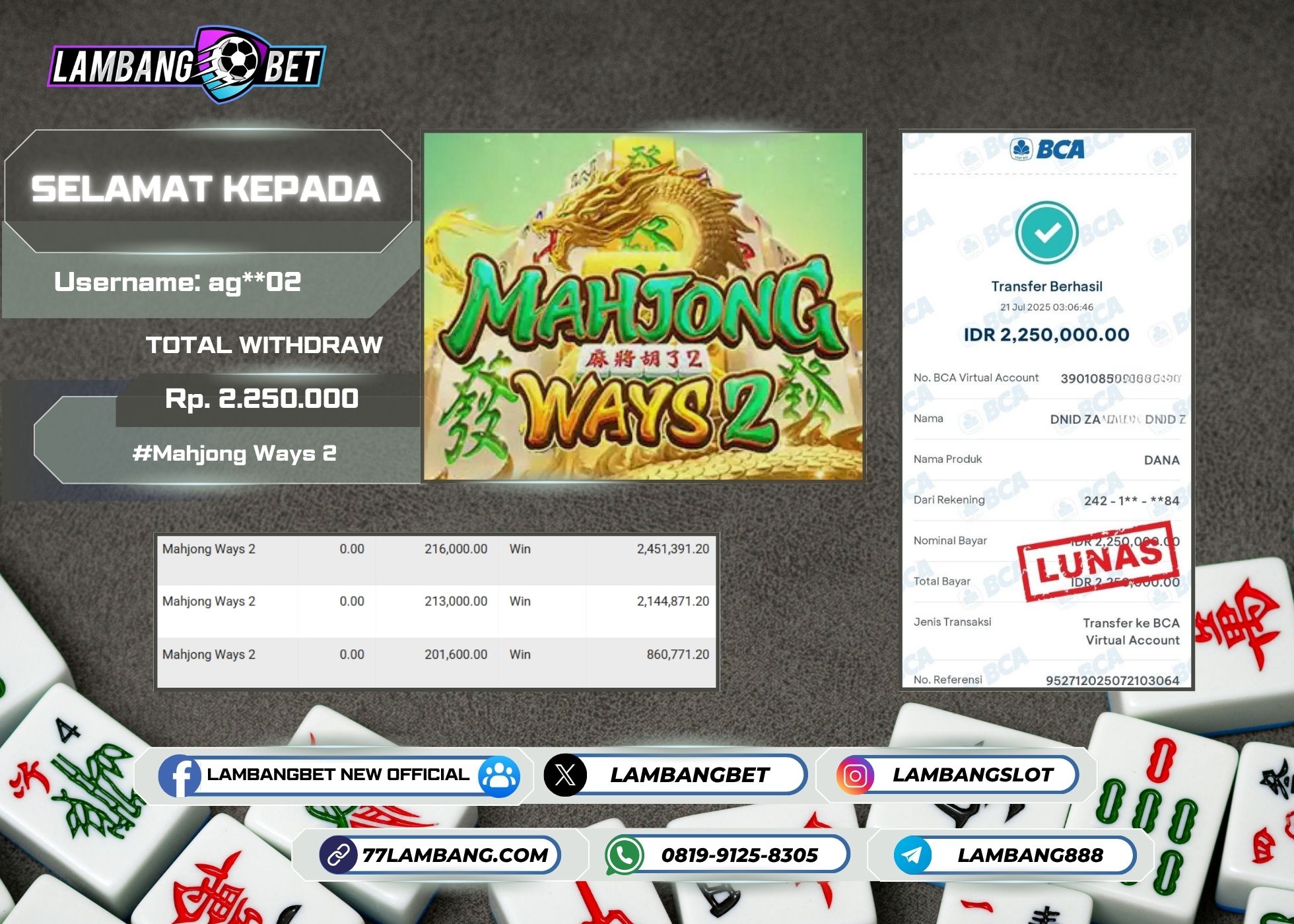 LAMBANGBET [21 JULY 2025] JACKPOT SLOT Mahjong Ways 2 "Rp2.250.000" LUNAS